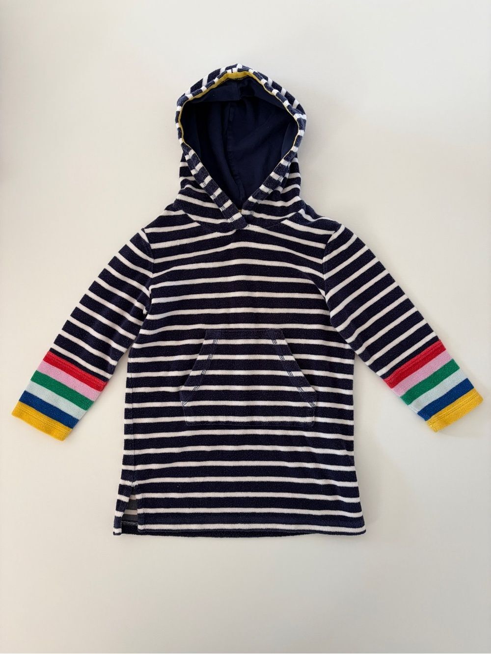 Mini Boden 5-6y Navy and White Striped Hooded Swim Cover with Rainbow Cuffs